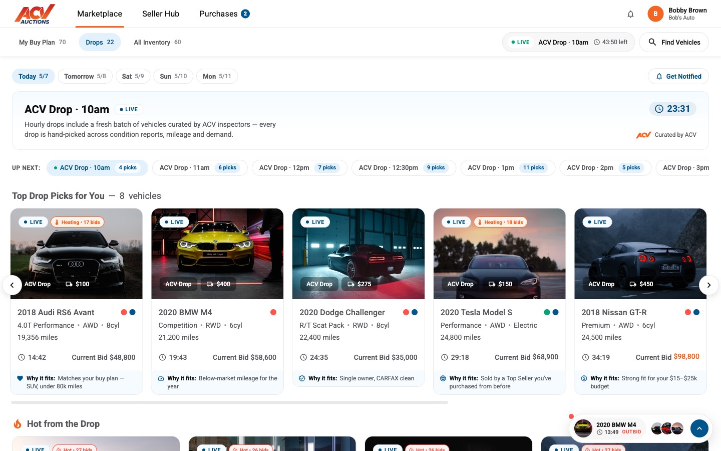 A Drops event page with recommended vehicles